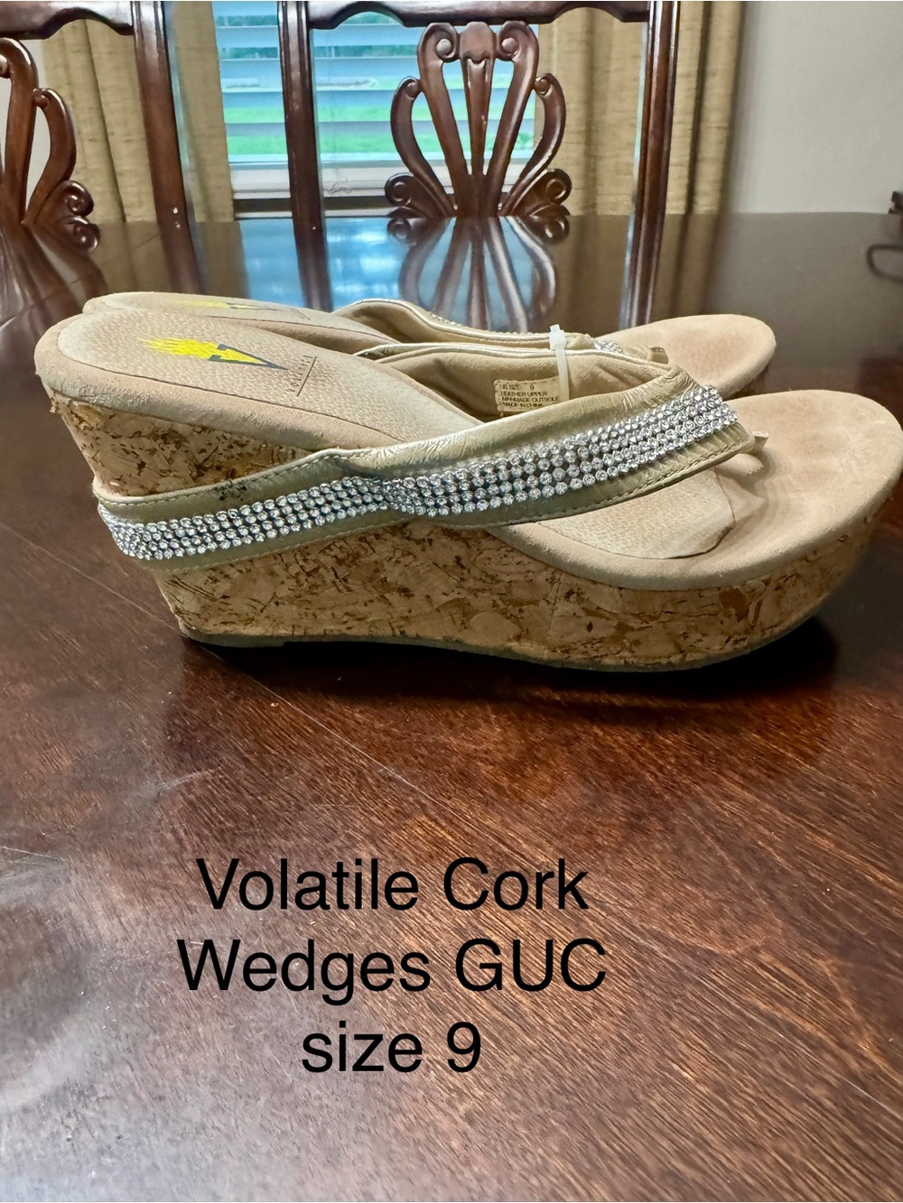 Volatile Beige Cork Wedge Sandals with Rhinestone Strap